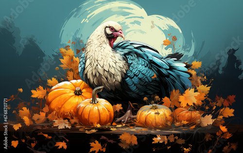 Thanksgiving day with pumpkins and turkey background Generated AI © ArtChase