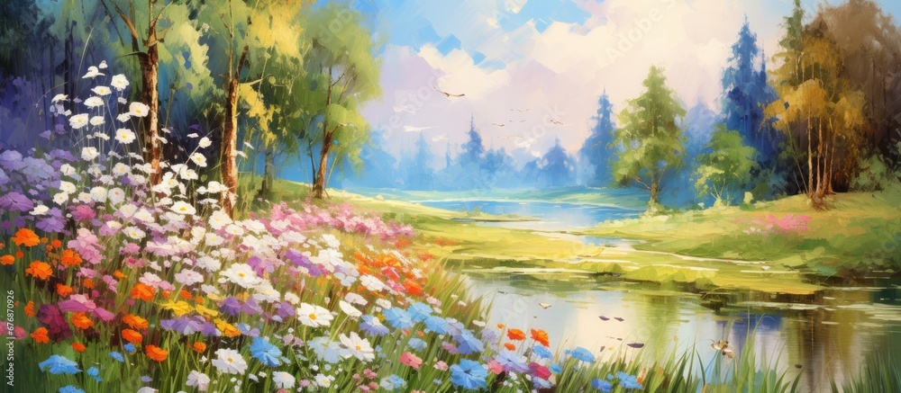 In the breathtaking summer landscape the abstract background of a bright blue sky merges harmoniously with the lush green grass vibrant flowers and majestic trees set against the backdrop of