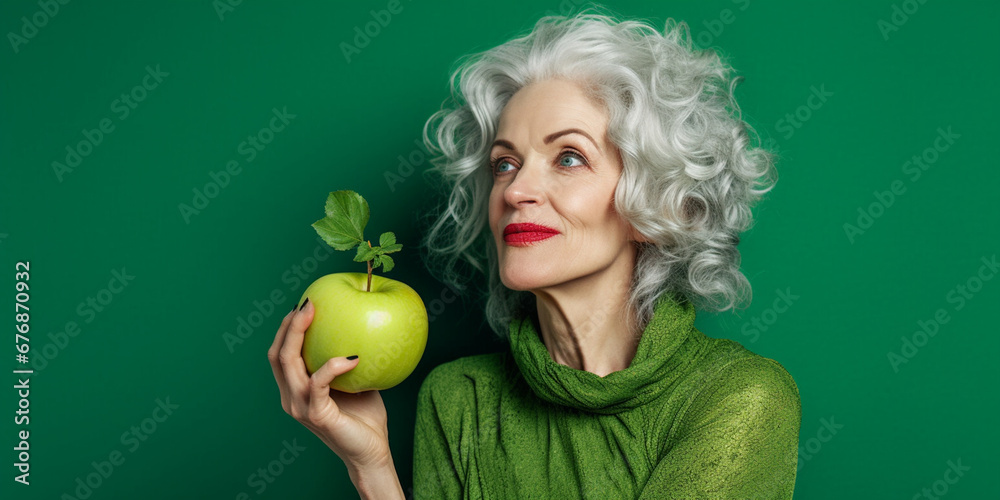 Smiling Mature Lady Holds an Apple, Portrait Amidst a Verdant Backdrop, AI generated Smiling Mature Lady Holds an Apple, Portrait Amidst a Verdant Backdrop, AI generated