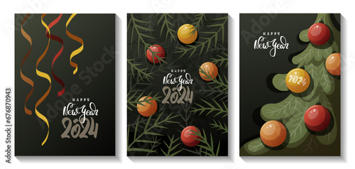 Set of square cards for Merry Christmas and New Year. Christmas balls  tree  serpentine. Vector illustration for poster  banner  card  postcard  cover.