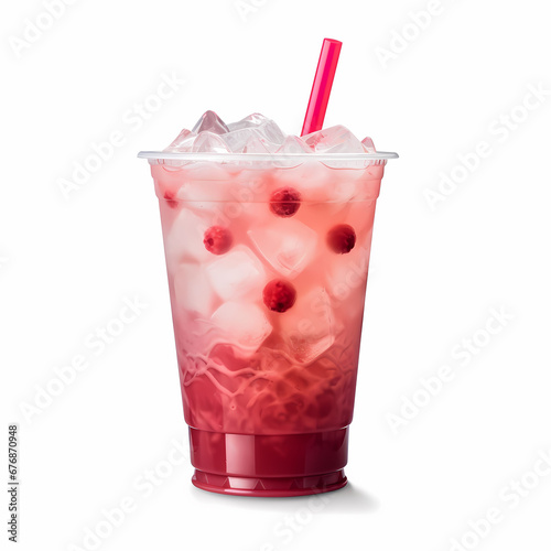 Watermelon boba drink or fruits bubble tea in disposable plastic take away cup. Refreshing cocktail on white background. Summer iced drink.
