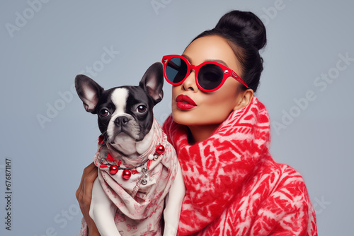Fashion woman in red with dog © Natalya