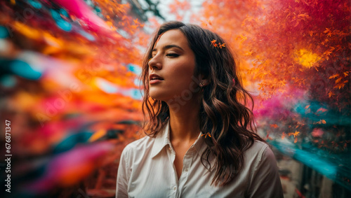 double exposure. woman can't stand a lot of noises and some specific sounds. a colorful vivid background. An illustration of Misophonia isolated on white. Mental health concept