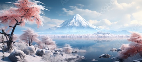 In the beautiful Japanese alpine landscape a magical winter scene unfolds with a snowy white mountain ice covered trees and a clear sky reflecting the breathtaking natural beauty of Japan