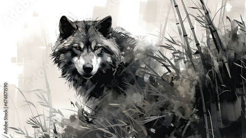 Stylized ink painting of a serene wolf wandering through bamboo thickets Ai Generative