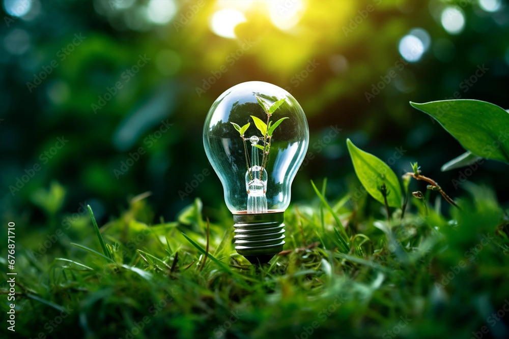 Light bulb with green plant, energy-saving and environmental illustration - obrazy, fototapety, plakaty 
