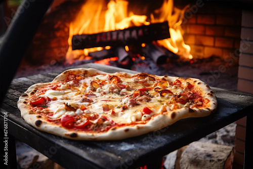 Baked margherita pizza in traditional wood oven with tomato