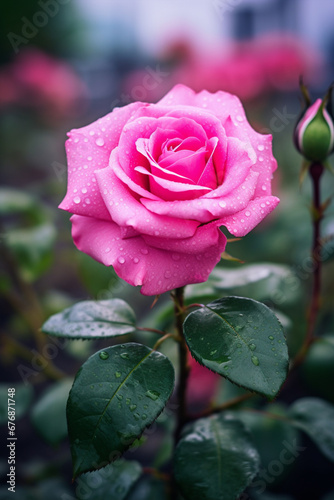 Close up of pink rose in garden with dew water drops