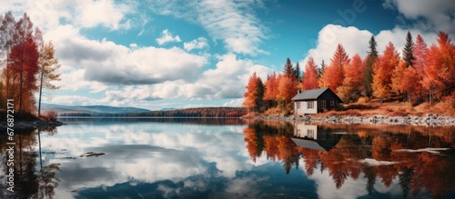 Fototapeta Naklejka Na Ścianę i Meble -  In the beautiful autumn landscape surrounded by the vibrant colors of the trees and the calming blue of the sky a charming cabin stood proudly by the serene lake offering a breathtaking refl