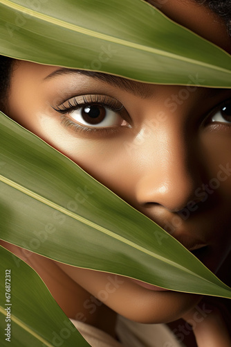 portrait of a young woman with beautiful eyes, covering part of face with monsteras leaf, advertising, healthy cosmetics