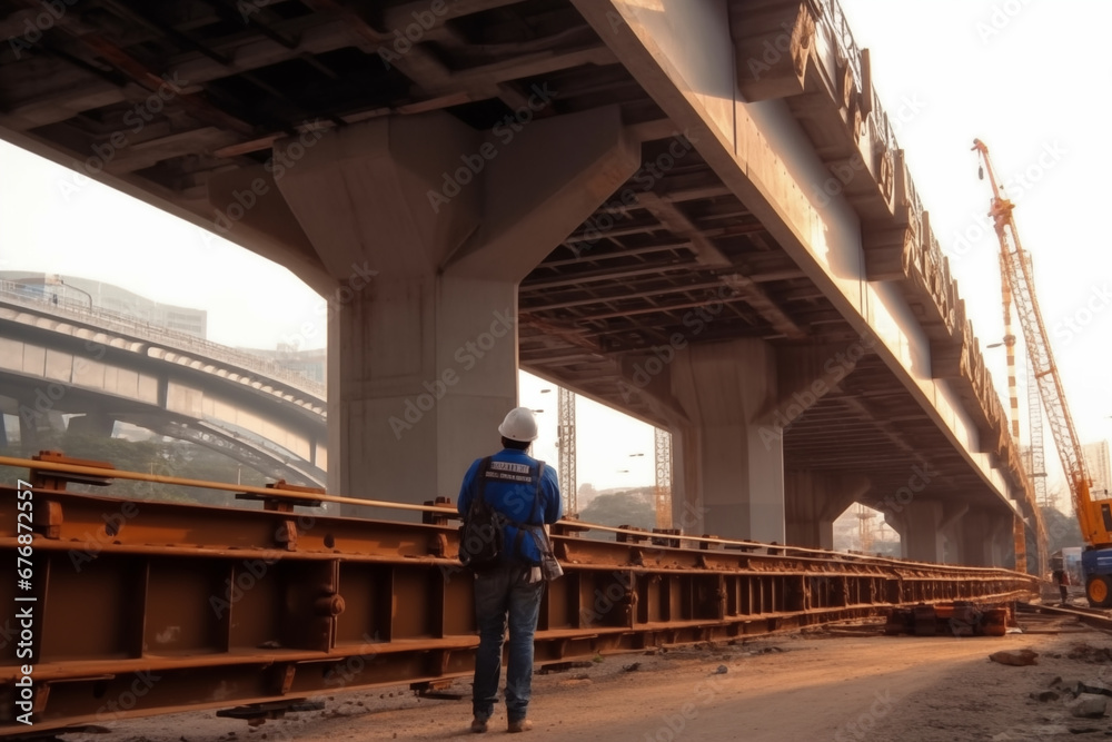 photography civil engineer is supervising the construction of bridge.