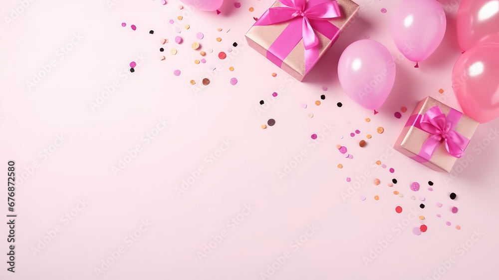 Festive composition with pink balloons, gift boxes with bows, and confetti on a pink background.