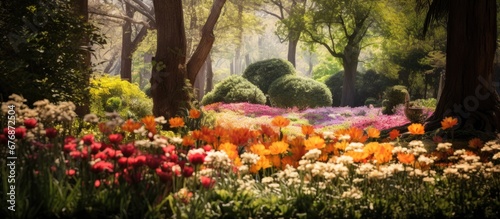In the picturesque forests of France and Spain vibrant flowers of red and yellow hues adorn the gardens symbolizing the harmonious coexistence of nature and humans This concept of sustainab photo