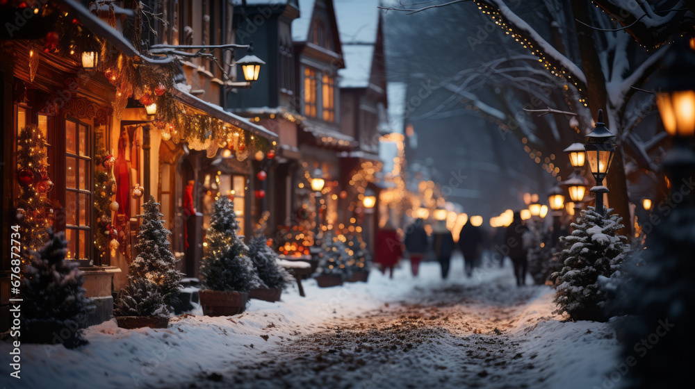 A snow-covered path against the backdrop of a blurry, atmospheric, festively decorated Christmas town. Winter festive atmosphere in the city