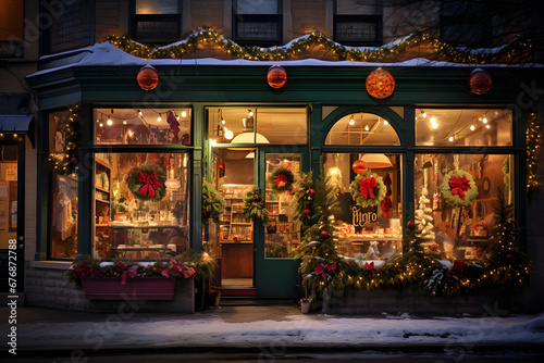 Storefronts decorated with Christmas lights and displays