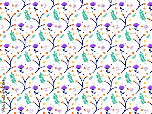 Seamless pattern with purple flowers and green leaves. Vector floral background.