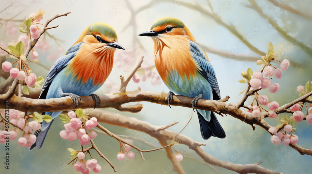 Close-Up of Beautiful Birds Perched on Tree