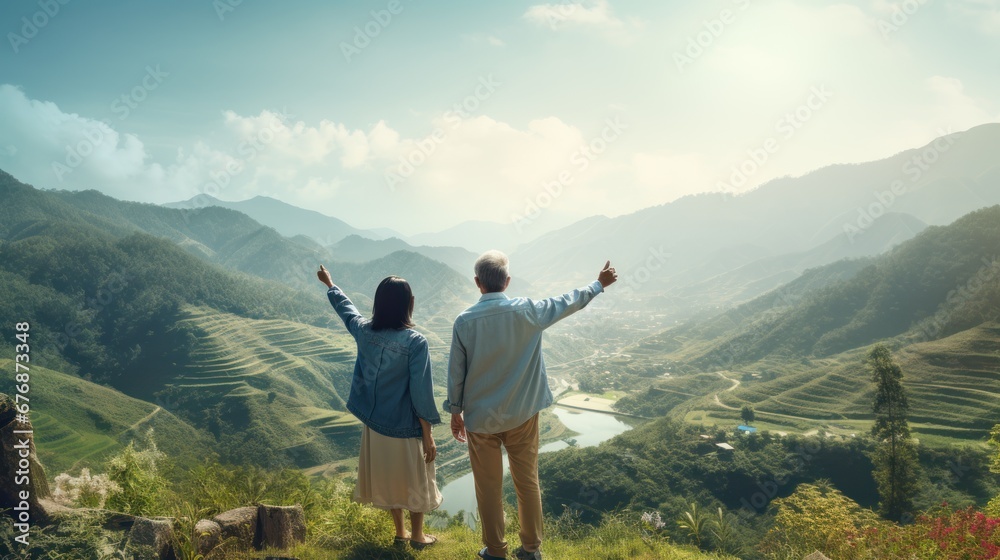 Rear view of Asian Lifestyle senior couple hug and pointing the mountain nature