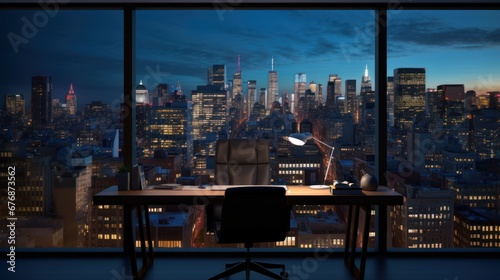 View from window with big city at night, landscape from tall buildings