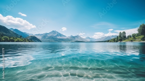 A large crystal clear lake in the middle of majestic mountains. Concept of peace in nature © BraveSpirit
