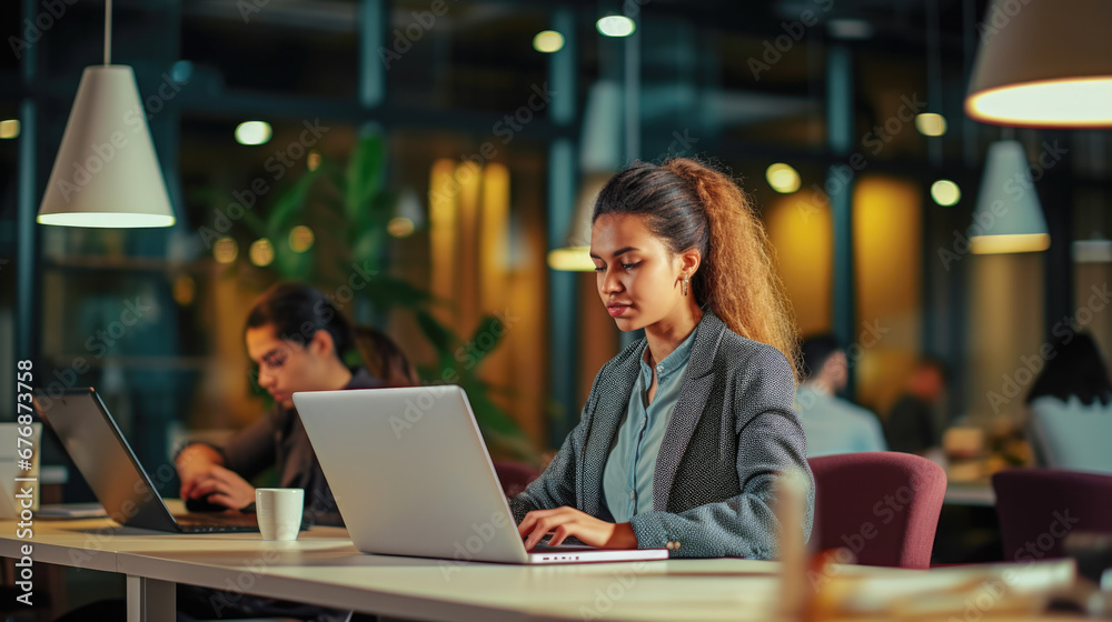Woman working on computer in an office. Woman working on computer in an office.