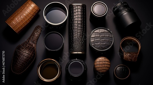Top view Set of products which made of crocodile leather, rough black background. photo