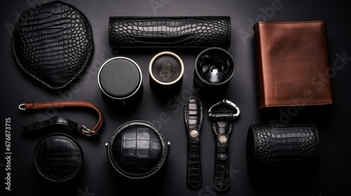 Top view Set of products which made of crocodile leather, rough black background.