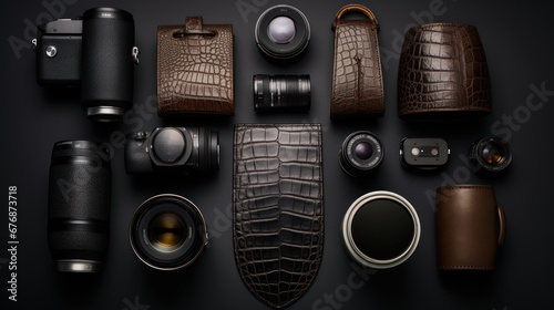 Top view Set of products which made of crocodile leather, rough black background. photo