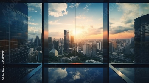 Sunrise or sunset with the city,View through glass windows for take aerial view of buildings in the city