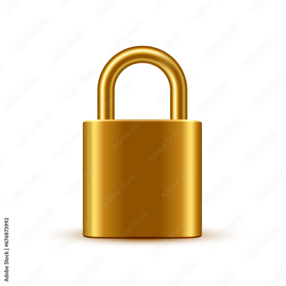 Padlock vector illustration. Steel golden lock isolated on white background. Secure privacy and business information. Personal data protection. Safety concept Padlock vector illustration. Steel golden lock isolated on white background. Secure privacy and business information. Personal data protection. Safety concept