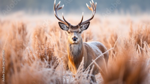 red deer buck standing in the frosted grass on an early cold winter mornin photo