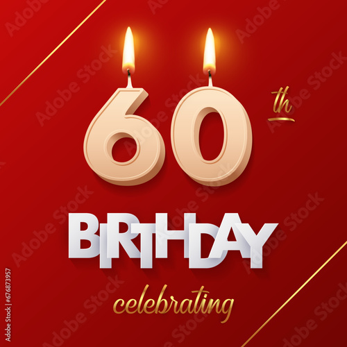 Birthday 60 number candles with fire for anniversary vector illustration. 3D realistic beige wax numbers twenty with candlelight, white and gold font on red background for invitation, greeting card