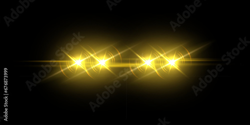 Car flare front lights in night. Yellow headlights with flash effect vector illustration on dark background. Glowing transport headlamps, vehicle lamps in fog