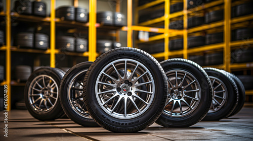 Car tires in the shop. Auto service industry. Selective focus. 3d rendering of car tires in a car repair service station. Rows of car tires in warehouse. 