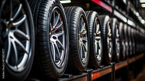 Car tires in the shop. Auto service industry. Selective focus.  3d rendering of car tires in a car repair service station. Rows of car tires in warehouse.  