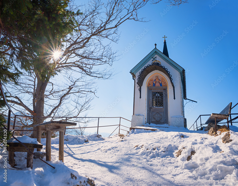 pilgrimage chapel at Riederstein mountain, winter landscape upper bavaria pilgrimage chapel at Riederstein mountain, winter landscape upper bavaria