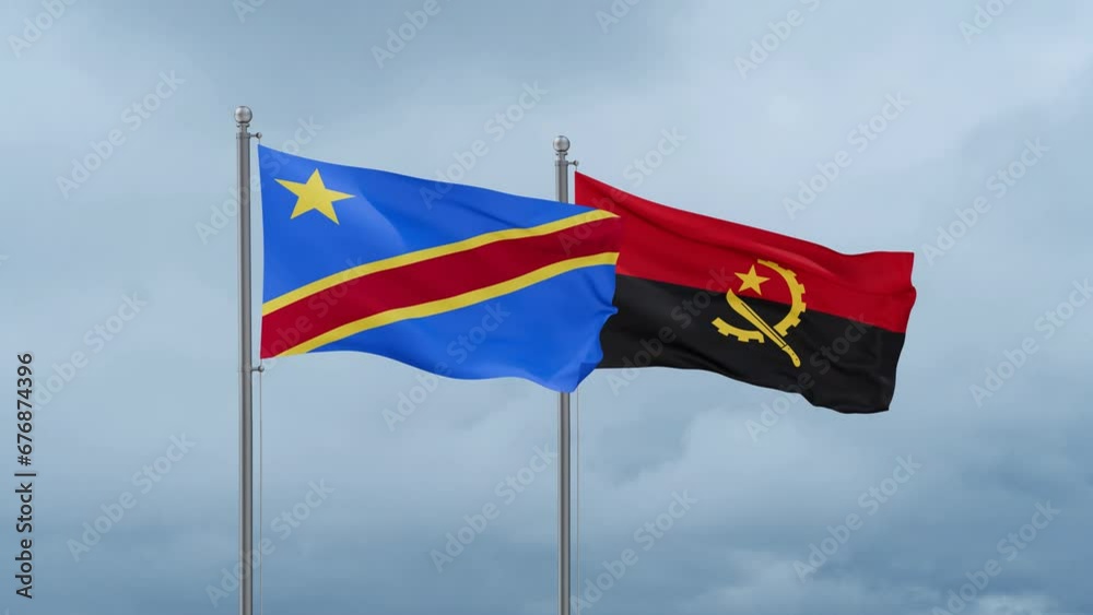 Democratic Republic of the Congo flag and Angola flag waving together on cloudy sky, endless seamless loop Democratic Republic of the Congo flag and Angola flag waving together on cloudy sky, endless seamless loop