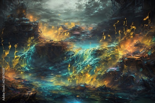 An abstract painting that depicts a flowing river in hell in a very unique style