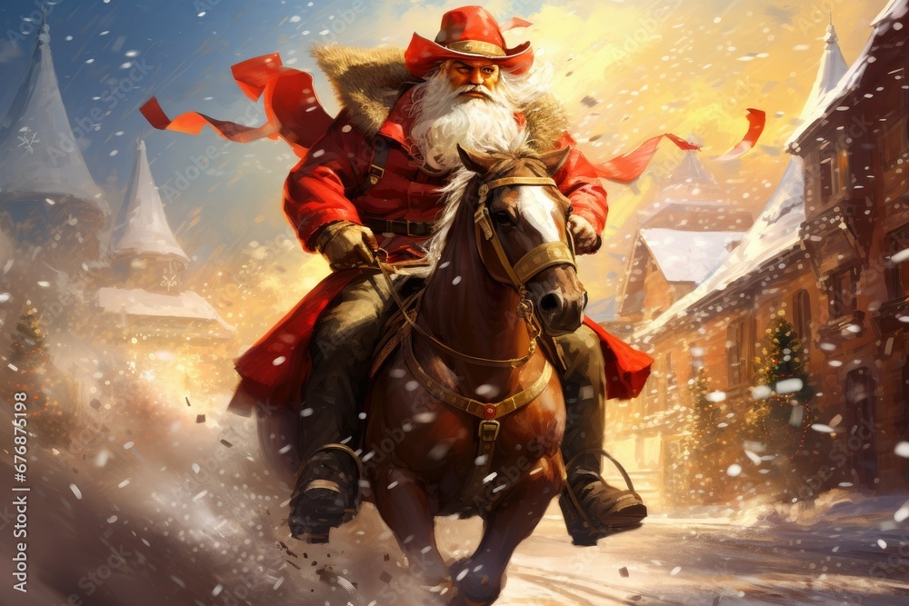 Cowboy Santa Clause on a running horse. Nostalgic illustration. Cowboy Santa Clause on a running horse. Nostalgic illustration.