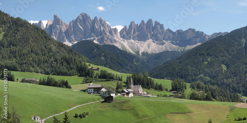 Panorama, Santa Maddalena, mountain village, church, mountains, landscape, Alps, July, Villnöß, Funes, Dolomites, South Tyrol, Italy, high resolution