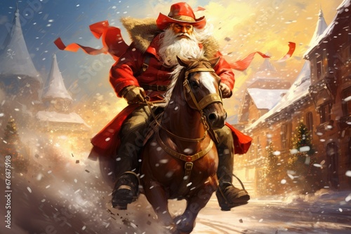 Fotobehang Cowboy Santa Clause on a running horse. Nostalgic illustration.