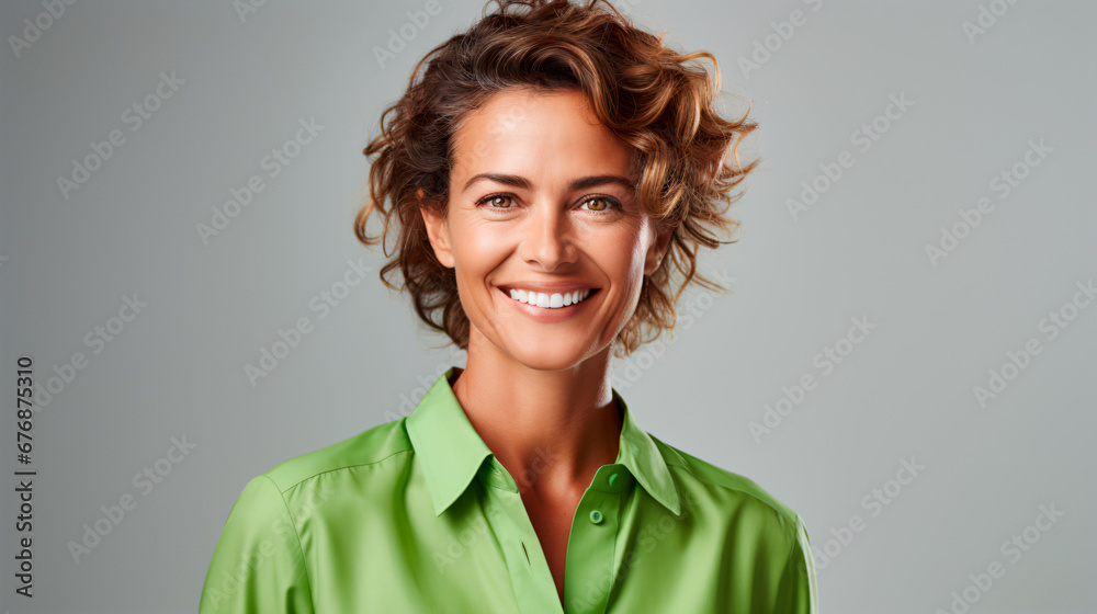 fotografía retrato de una mujer feliz y sonriente con cabello corto fotografía retrato de una mujer feliz y sonriente con cabello corto