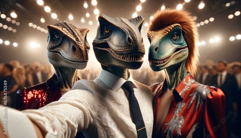 Fototapeta premium Selfie taken by a fashionable dinosaur dressed for a party.