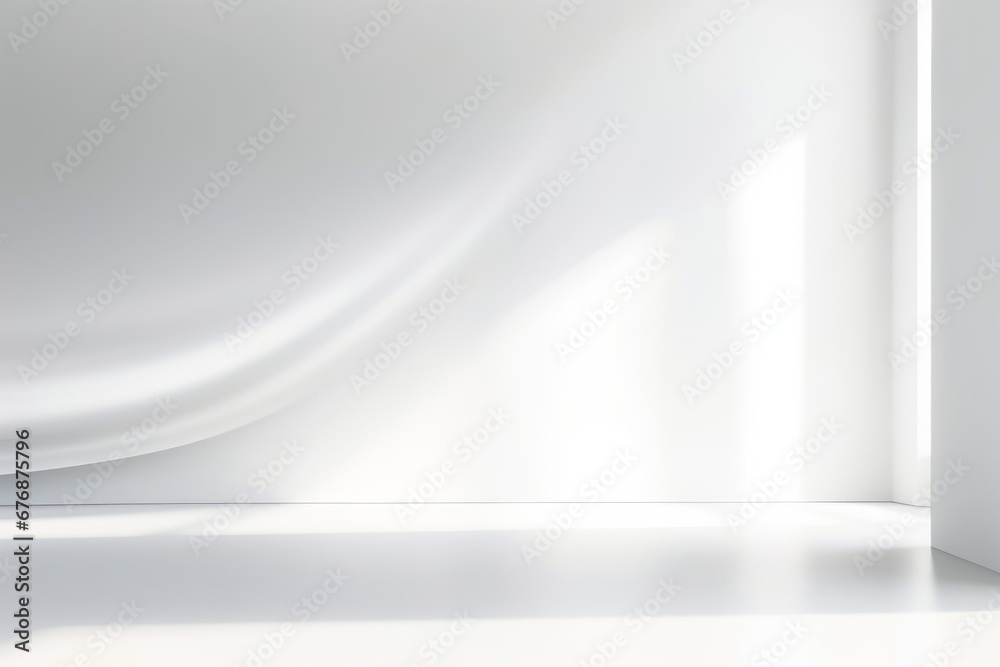 Abstract white studio background for product presentation. Empty room with shadows of window. Display product with blurred backdrop. Soft focus, Generative AI Abstract white studio background for product presentation. Empty room with shadows of window. Display product with blurred backdrop. Soft focus, Generative AI