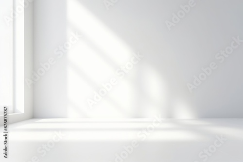 Abstract white studio background for product presentation. Empty room with shadows of window. Display product with blurred backdrop. Soft focus, Generative AI photo