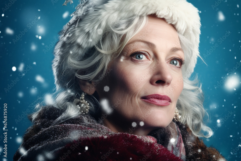 Lovely Mature Woman in a Woolly Hat, Snowflakes Falling on a Blue Background, European Business Elegance, Christmas Joy, AI generated Lovely Mature Woman in a Woolly Hat, Snowflakes Falling on a Blue Background, European Business Elegance, Christmas Joy, AI generated