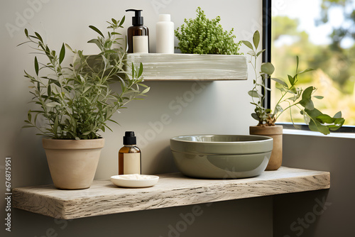 Bathroom shelf adorned with peppermint-scented natural cosmetics.