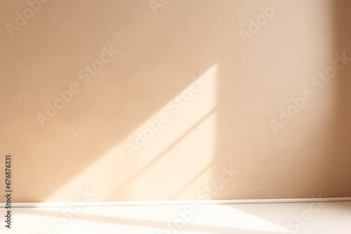 Abstract pastel beige wall background with shadows of window. Empty studio for product presentation. Display product with blurred backdrop  Generative AI