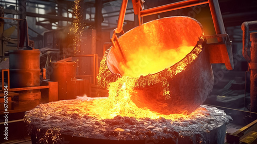 Molten metal in big ladle container. Iron casting in metallurgy foundry plant, heavy industry. photo