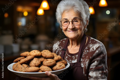 Senior woman, 60-years-old, holding freshly baked homemade cookies at rustic kitchen.